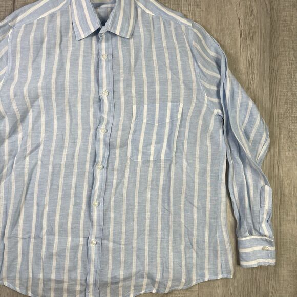 Sartoria Saracena Shirt Men's Large Button Up Blue Striped 100% Linen Italy N - Picture 3 of 11